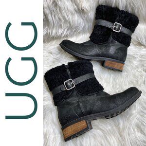 NWOB UGG BLAYRE II BLACK LEATHER SHORT BOOT SHEARLING GRUNGE GOTH PREPPY WOMEN 8